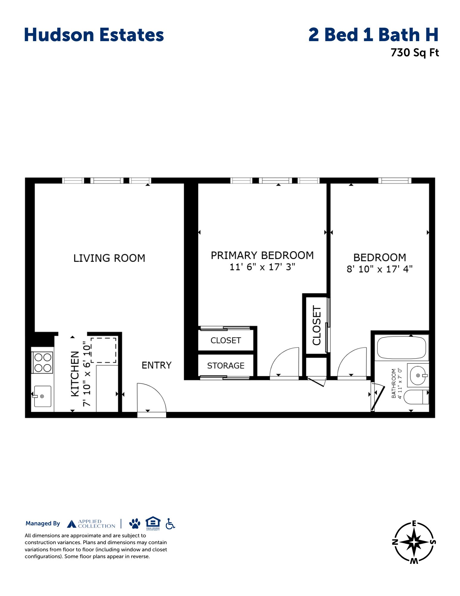 Floor plan for 2 beds, 1 bath, 730 sqft